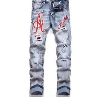 Men's Graphic Print Distressed Jeans, Straight Leg Ripped Denim Pants for Streetwear