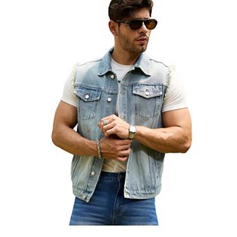 Men's Sleeveless Denim Vest, Distressed Fringe Jean Waistcoat, Casual Button Down.