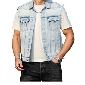 Men's Distressed Sleeveless Denim Vest, Casual Button Down Trucker Jean Vest Jacket