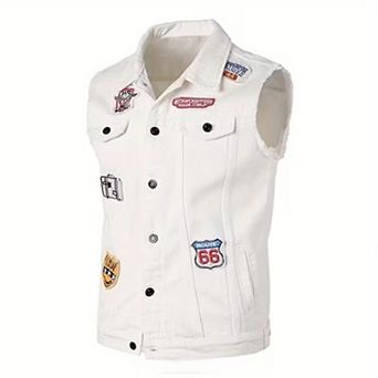 Men's Embroidered Patch Sleeveless Denim Vest, Casual Trucker Jean Vest Jacket