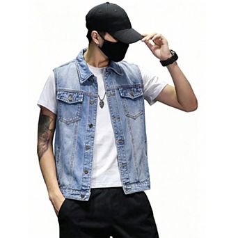 Men's Classic Sleeveless Denim Vest, Casual Button Down Trucker Jean Vest Jacket