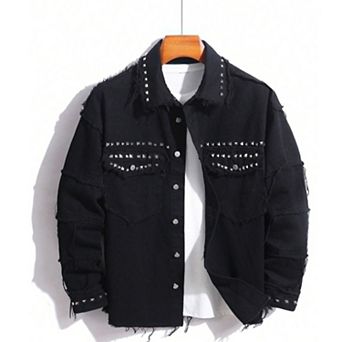 Men's Studded Distressed Denim Jacket, Punk Rock Button Down Trucker Jean Coat