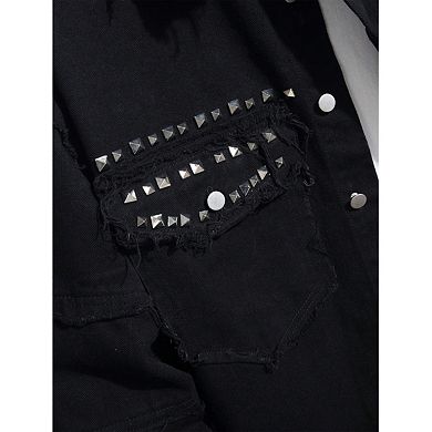 Men's Studded Distressed Denim Jacket, Punk Rock Button Down Trucker Jean Coat