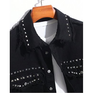 Men's Studded Distressed Denim Jacket, Punk Rock Button Down Trucker Jean Coat