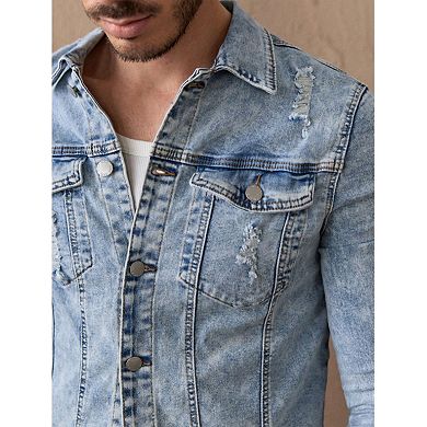 Men's Distressed Denim Jacket, Slim Fit Button Down Trucker Jean Coat for Casual Wear