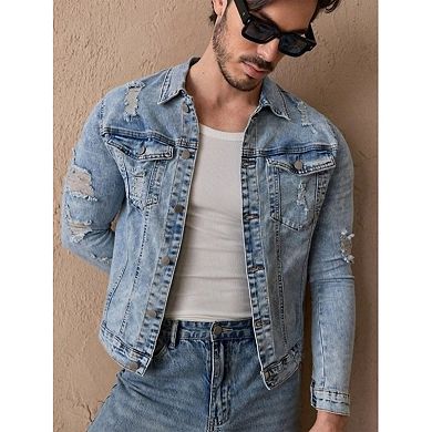 Men's Distressed Denim Jacket, Slim Fit Button Down Trucker Jean Coat for Casual Wear