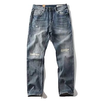 Men's Distressed Straight Leg Jeans, Vintage Washed Denim Pants, Casual Streetwear Style