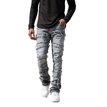 Men's Grey Multi-Fray Stacked Flare Jeans, Shredded Distressed Panel Denim for Urban