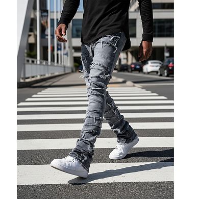 Men's Grey Multi-Fray Stacked Flare Jeans, Shredded Distressed Panel Denim for Urban