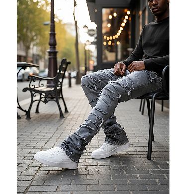 Men's Grey Multi-Fray Stacked Flare Jeans, Shredded Distressed Panel Denim for Urban