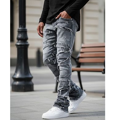 Men's Grey Multi-Fray Stacked Flare Jeans, Shredded Distressed Panel Denim for Urban