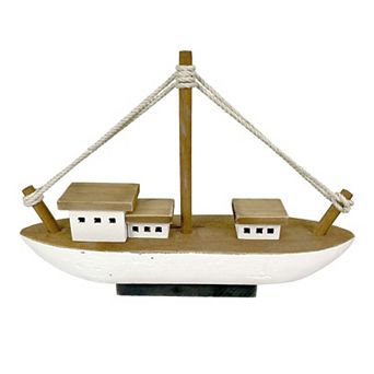 13.5 in Wood Fishing Boat Statue Nautical Decor Handcrafted Ship Model