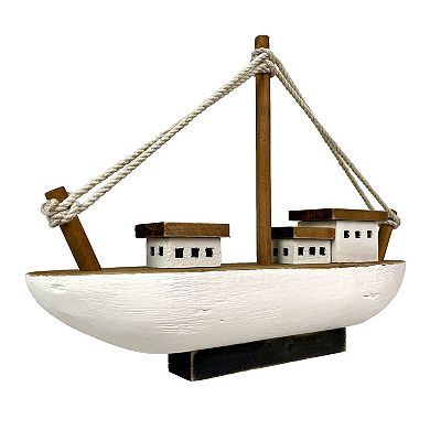 13.5in Wood Fishing Boat Statue Nautical Decor Handcrafted Ship Model