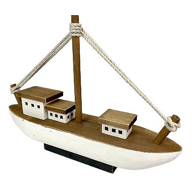 13.5in Wood Fishing Boat Statue Nautical Decor Handcrafted Ship Model