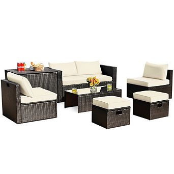 8 pc Space Patio Furniture Set, Rattan Outdoor Sectional with Storage