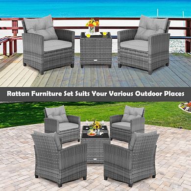 3 Piece Outdoor Wicker Conversation Set Patio Chairs with Tempered Glass Table for Balcony