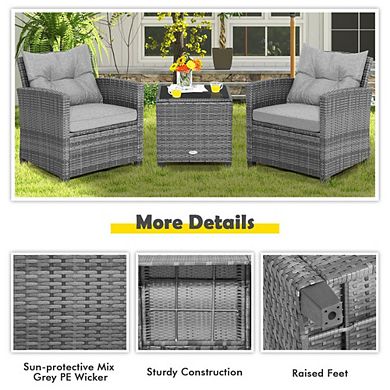 3 Piece Outdoor Wicker Conversation Set Patio Chairs with Tempered Glass Table for Balcony