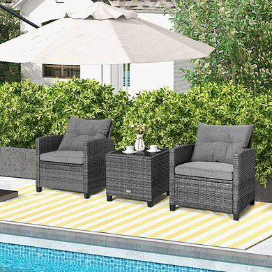 3 Piece Outdoor Wicker Conversation Set Patio Chairs with Tempered Glass Table for Balcony