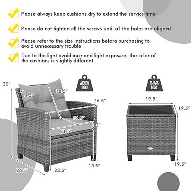 3 Piece Outdoor Wicker Conversation Set Patio Chairs with Tempered Glass Table for Balcony