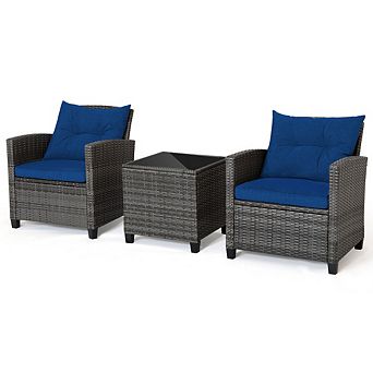 3 pc Outdoor Wicker Conversation Set Patio Chairs with Tempered Glass Table for Balcony