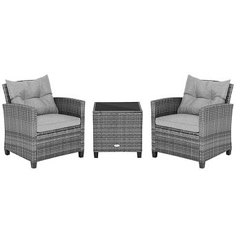 3 pc Outdoor Wicker Conversation Set Patio Chairs with Tempered Glass Table for Balcony