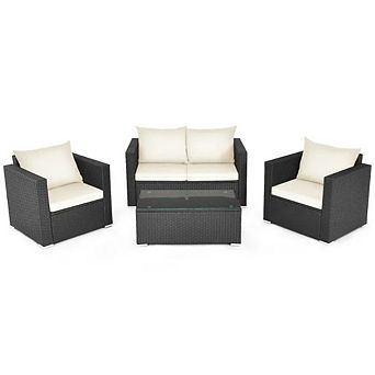 4 pc Patio Furniture Set, Rattan Conversation Set with Cushions for Outdoor Seating