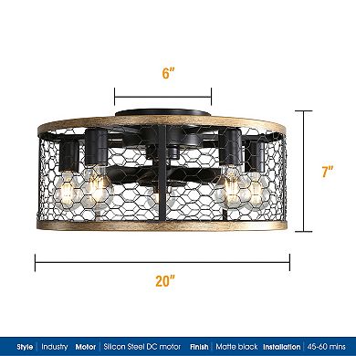 20 Inch Industrial Caged Ceiling Fan, Reversible Flush Mount For Farmhouse