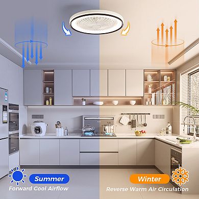 19 Inch RGB Enclosed Ceiling Fan with Light, Flush Mount Dimmable for Bedroom
