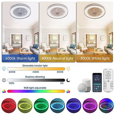 19 Inch RGB Enclosed Ceiling Fan with Light, Flush Mount Dimmable for Bedroom