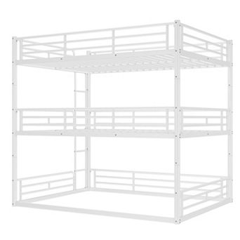 Metal Triple Bunk Bed with Safety Guardrails and Noise Reduced Design White
