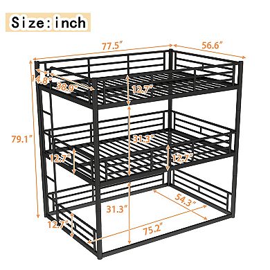 Metal Triple Bunk Bed with Safety Guardrails and Noise Reduced Design