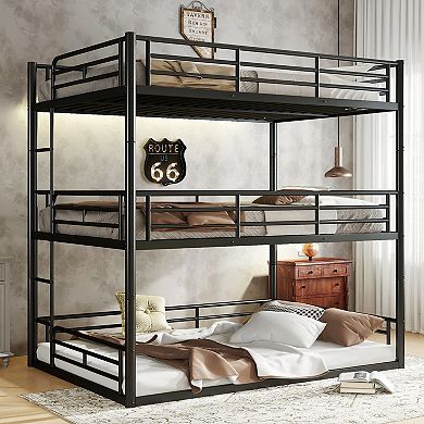 Metal Triple Bunk Bed with Safety Guardrails and Noise Reduced Design