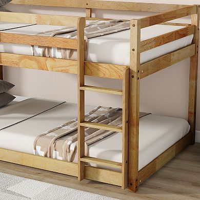 Solid Rubber Wood Twin over Twin Floor Bunk Bed with Ladder and Strengthened Slats
