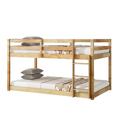 Solid Rubber Wood Twin over Twin Floor Bunk Bed with Ladder and Strengthened Slats
