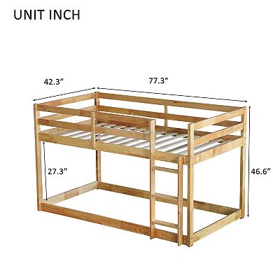 Solid Rubber Wood Twin over Twin Floor Bunk Bed with Ladder and Strengthened Slats