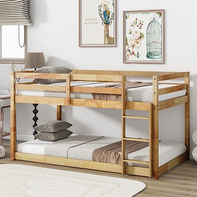Solid Rubber Wood Twin over Twin Floor Bunk Bed with Ladder and Strengthened Slats