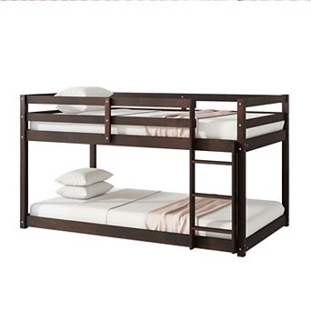 Solid Rubber Wood Twin over Twin Floor Bunk Bed with Ladder and Strengthened Slats