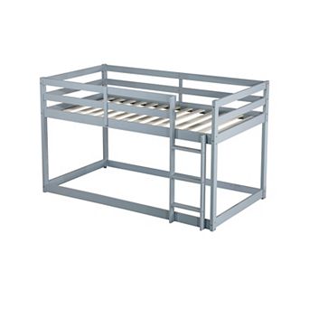 Solid Rubber Wood Twin over Twin Floor Bunk Bed with Ladder and Strengthened Slats