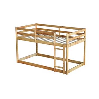 Solid Rubber Wood Twin over Twin Floor Bunk Bed with Ladder and Strengthened Slats