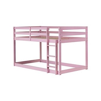 Solid Rubber Wood Twin over Twin Floor Bunk Bed with Ladder and Strengthened Slats