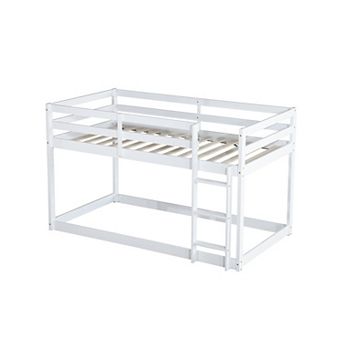 Solid Rubber Wood Twin over Twin Floor Bunk Bed with Ladder and Strengthened Slats