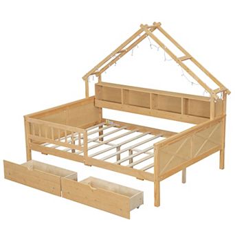 Wood Full Size House Platform Bed with LED Storage Shelves Drawers and Guardrail