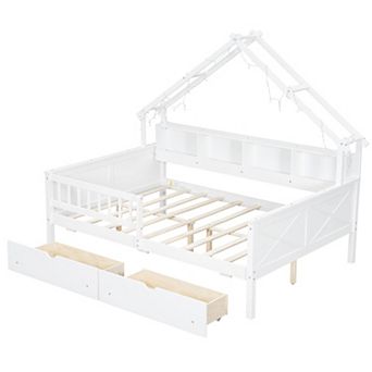 Wood Full Size House Platform Bed with LED Storage Shelves Drawers and Guardrail