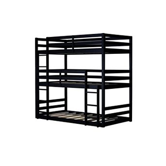 Triple Rubber Wood Bunk Bed with Two Built-in Ladders Guardrails Twin over Twin over Twin Detachable
