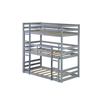 Triple Rubber Wood Bunk Bed with Two Built-in Ladders Guardrails Twin over Twin over Twin Detachable