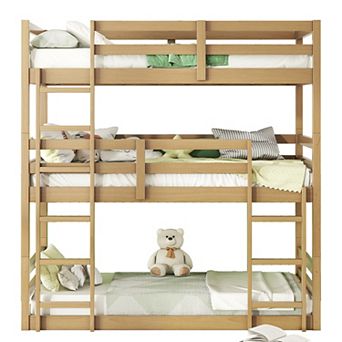 Triple Rubber Wood Bunk Bed with Two Built-in Ladders Guardrails Twin over Twin over Twin Detachable