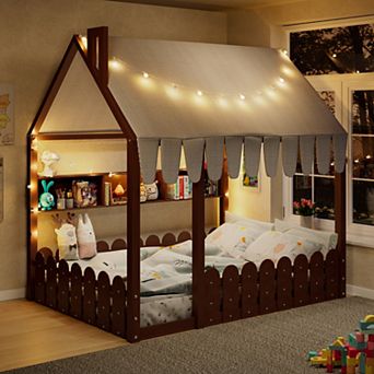 Full Size Montessori House Bed with Fence Railings Tent Lights and Storage Shelves