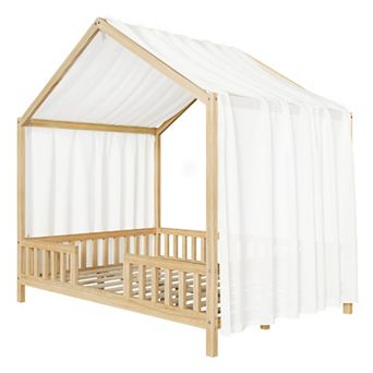Full Size Montessori House Bed with Fence Railings Tent Lights and Storage Shelves