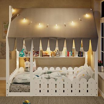 Full Size Montessori House Bed with Fence Railings Tent Lights and Storage Shelves