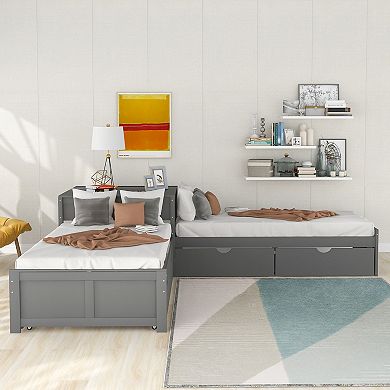 L-Shaped Platform Bed with Trundle and Drawers Linked with Built-in Desk Twin